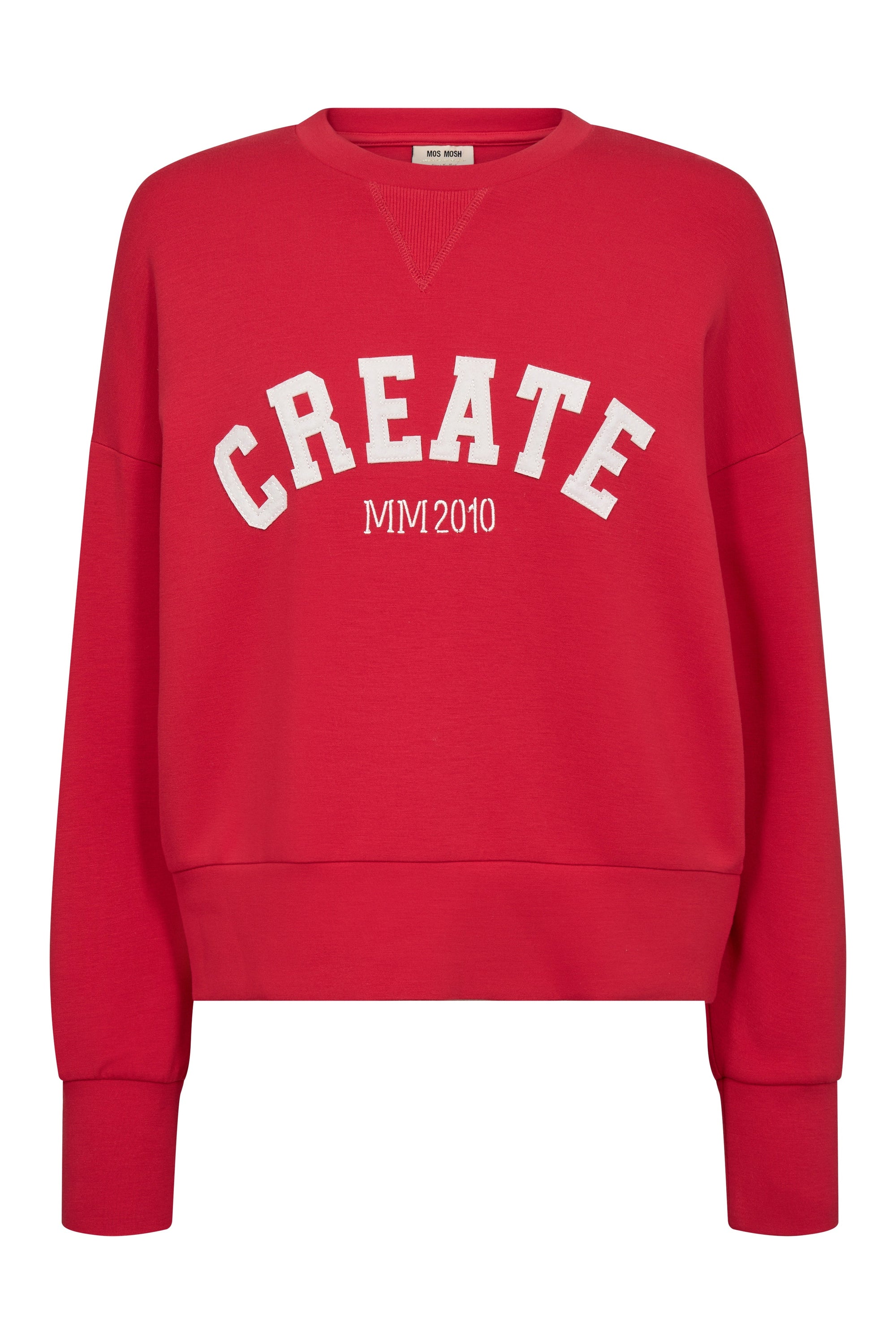 Red sweatshirt with 'CREATE MM2010' text on a white background