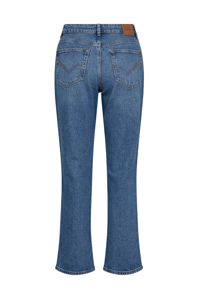 Back view of Mos Mosh medium wash denim jeans with straight leg slightly cropped with Mos Mosh back leather tag on a white background. 