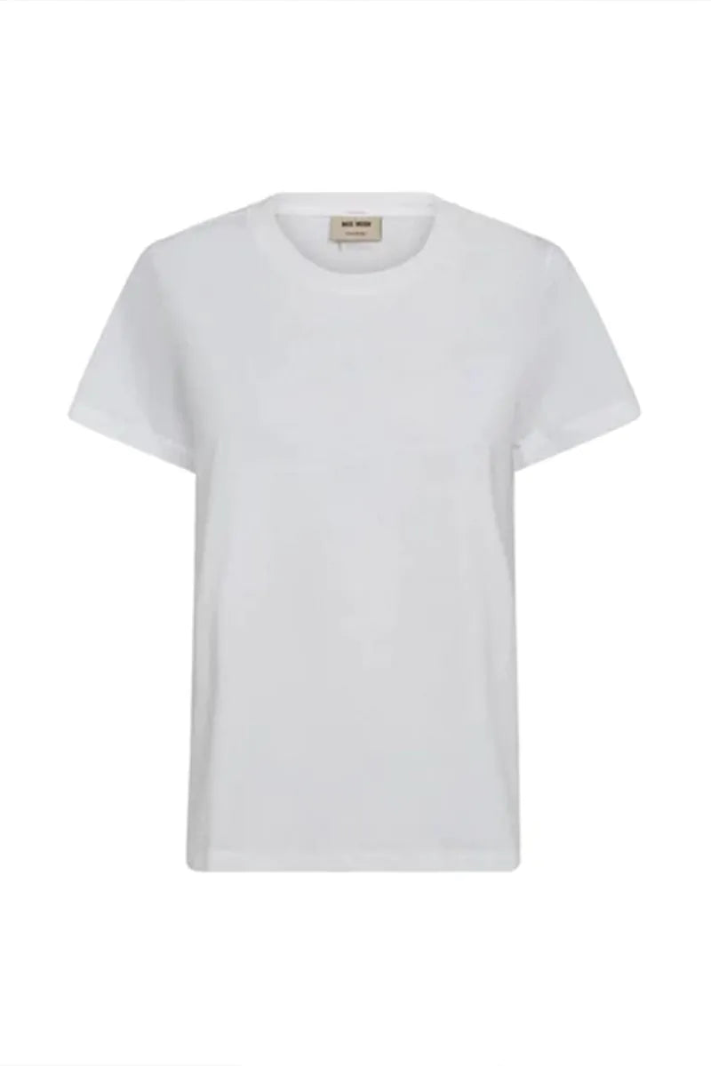 A plain white short-sleeve crewneck t-shirt with a small beige brand label on the inner neck, displayed against a solid white background.