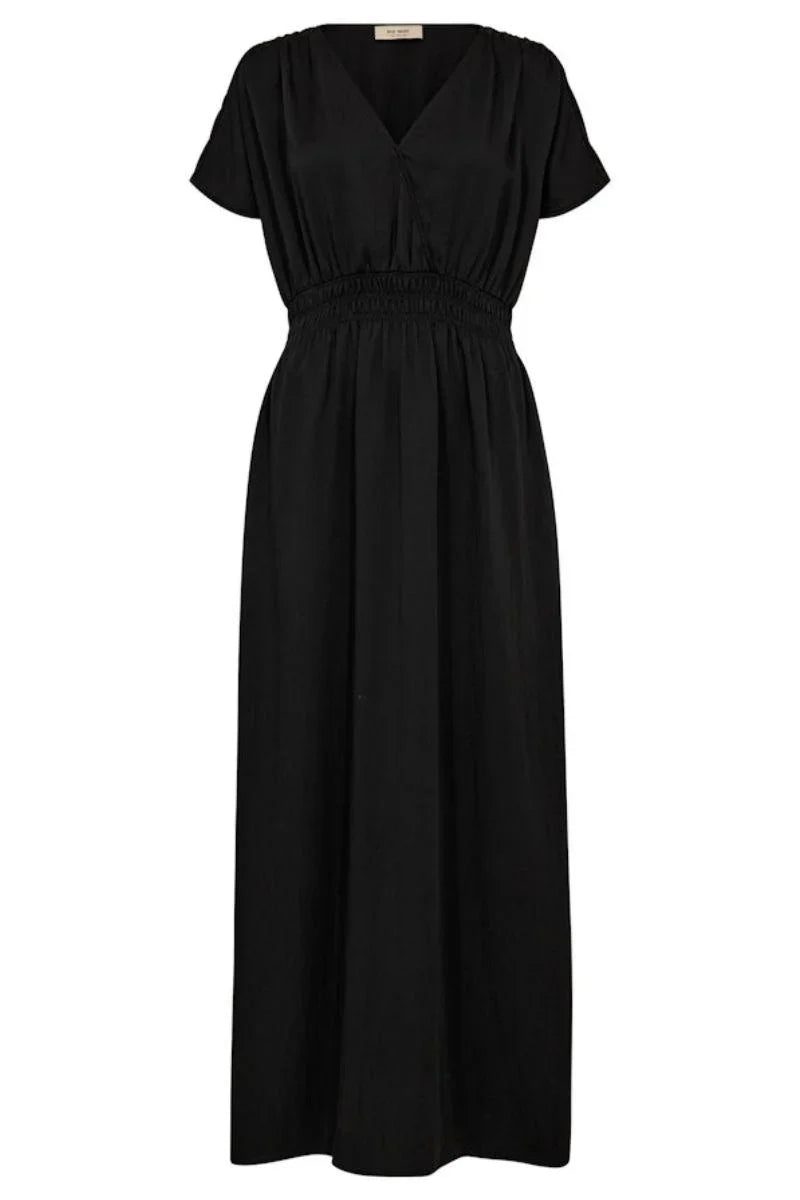A black midi-length dress with short sleeves, a V-neckline, and a smocked elastic waist, shown against a plain white background.