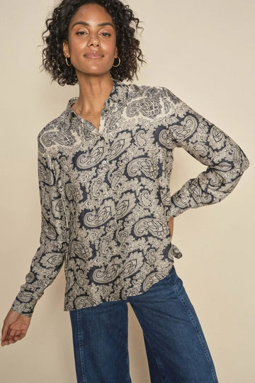 Navy Paisley print blouse in silk like fabric. 