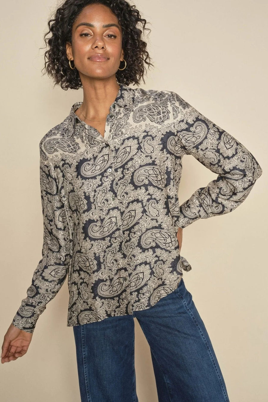 Navy Paisley print blouse in silk like fabric. 