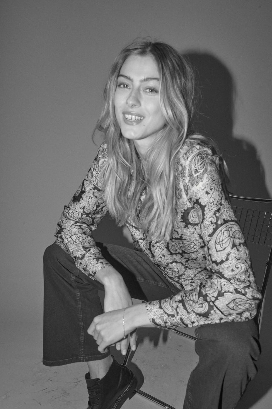 paisley print blouse in navy and ecru. 