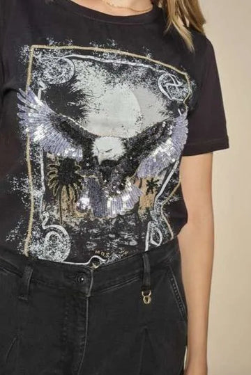Mos Mosh Black round neck detail with embroidered eagle on front. 