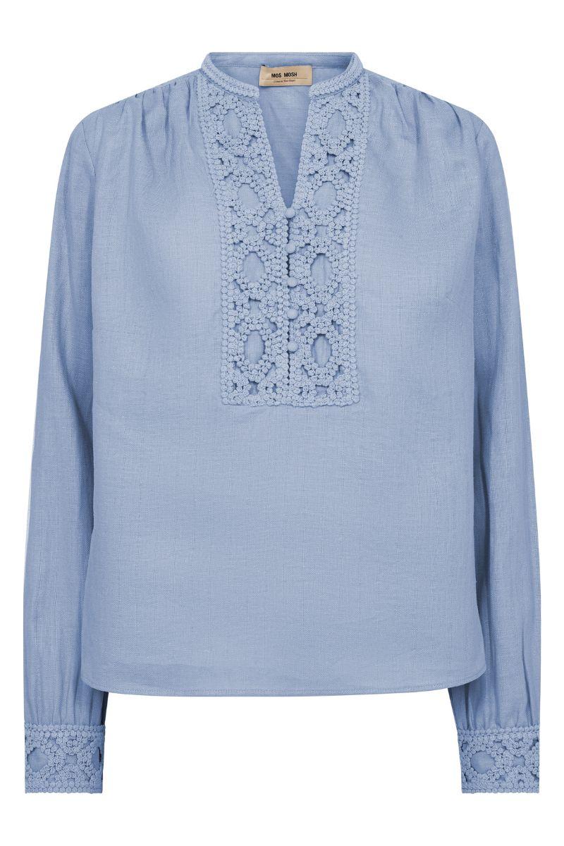 A light blue long-sleeve blouse with a decorative eyelet lace V-neck panel and matching lace cuffs, shown on a plain white background.