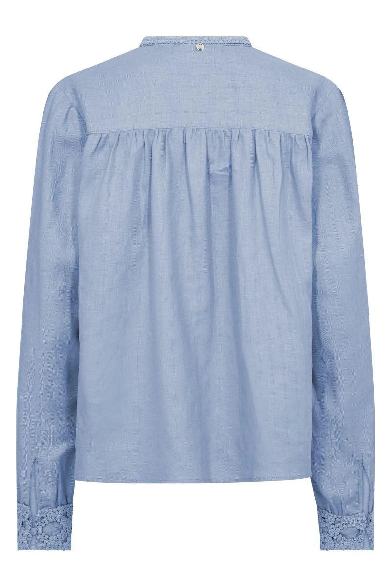 A light blue long-sleeve blouse shown from the back, featuring lace detailing at neckline and cuffs. 