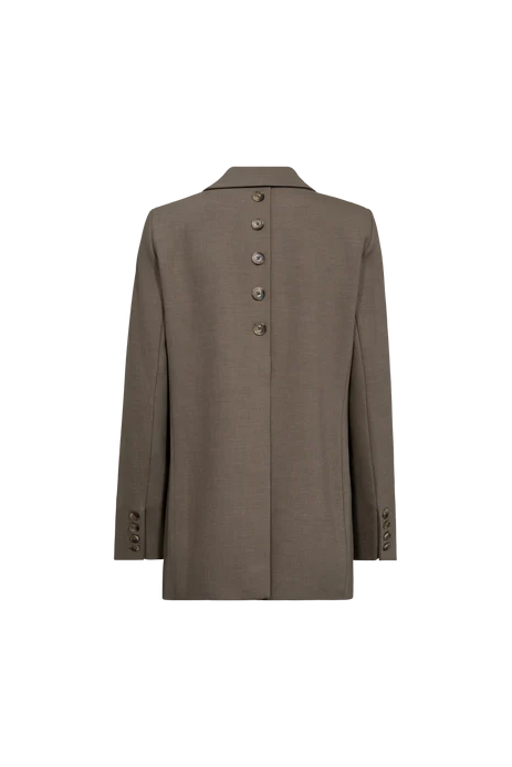 Brown blazer with button detailing on the back on a white background