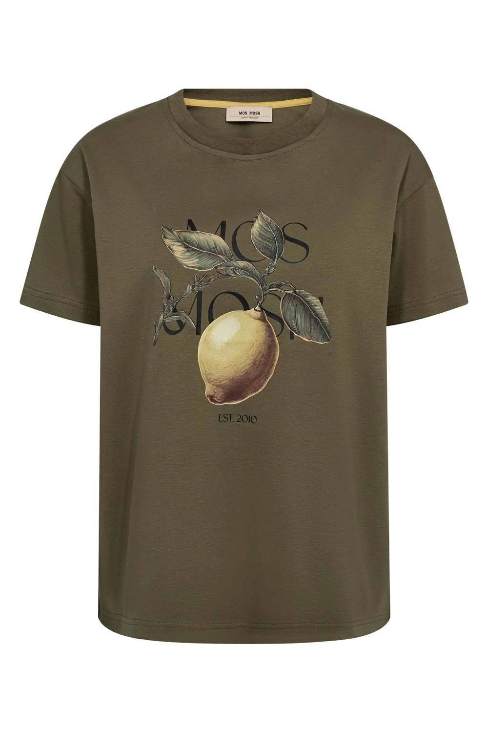 An olive green short-sleeve t-shirt by Moschino, featuring a vintage-style graphic of a lemon with leaves and the brand name 'MOS MOSH' printed across the chest.