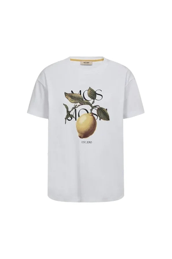 A white short-sleeve t-shirt featuring a vintage-style botanical illustration of a lemon on a branch with the brand's signature 'D' monogram leaves, and 'EST. 2015' printed below.