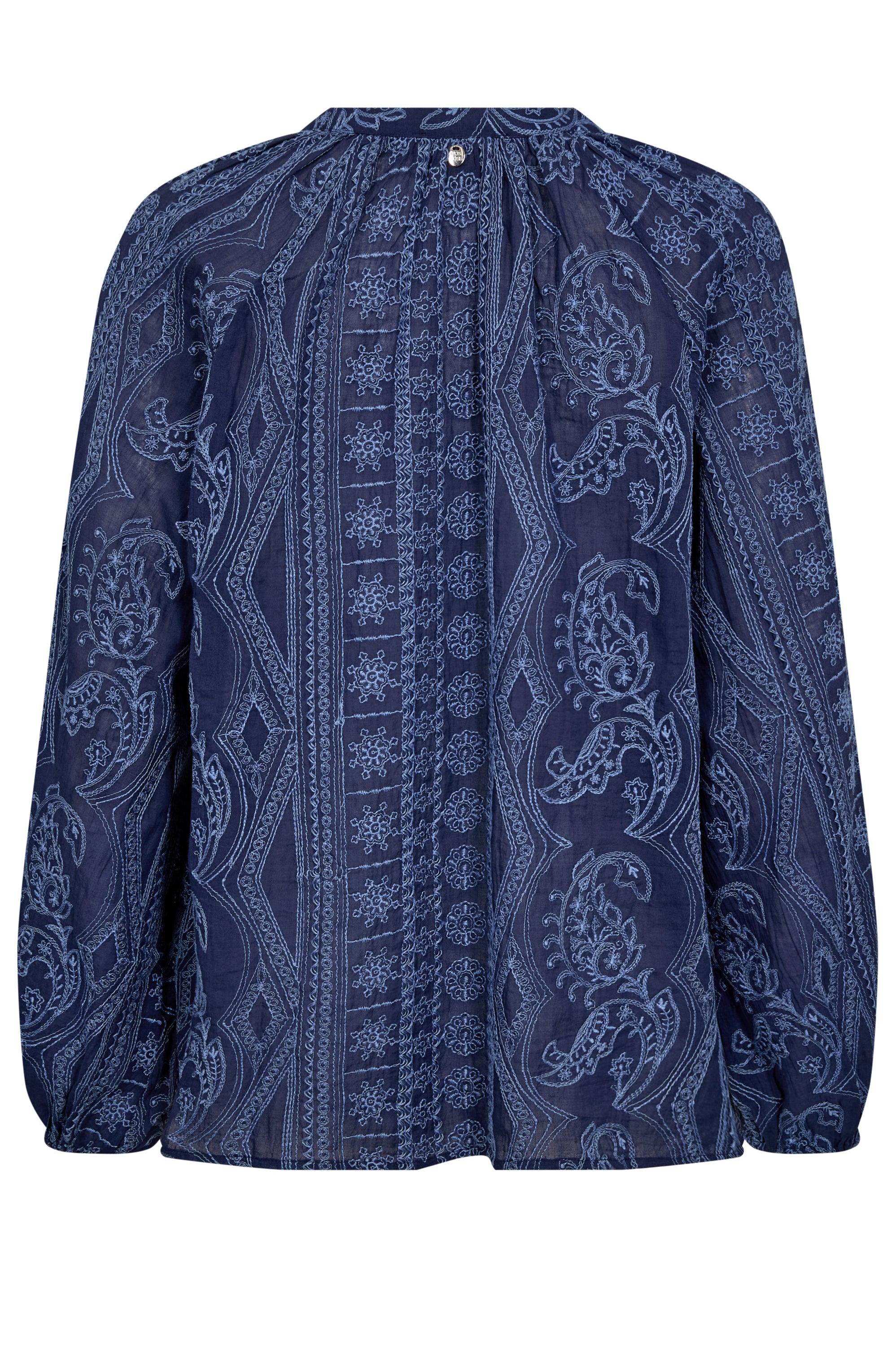 A long-sleeve blouse in navy blue with a light blue paisley and geometric pattern. 