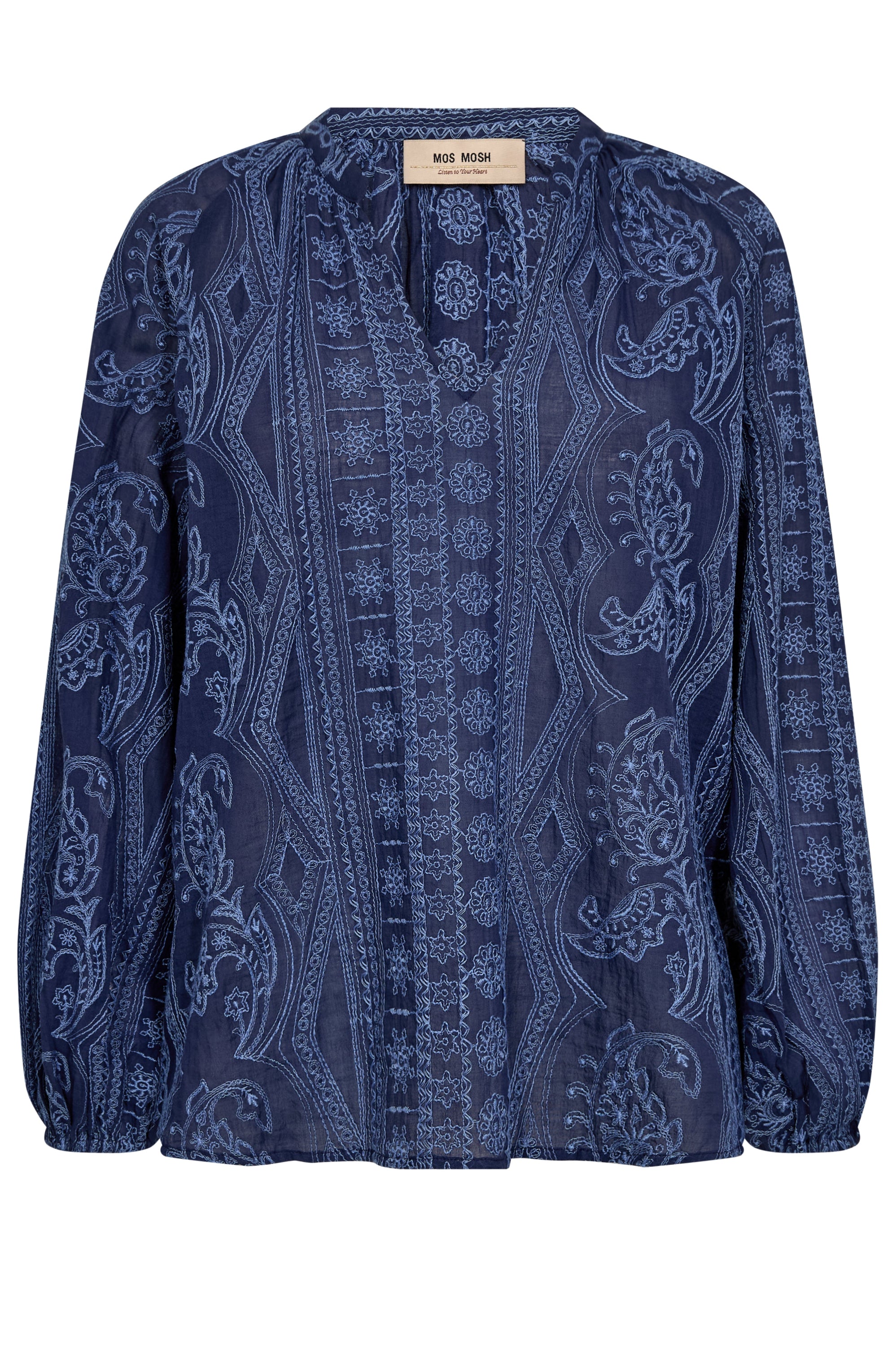 Blue patterned blouse on a white background