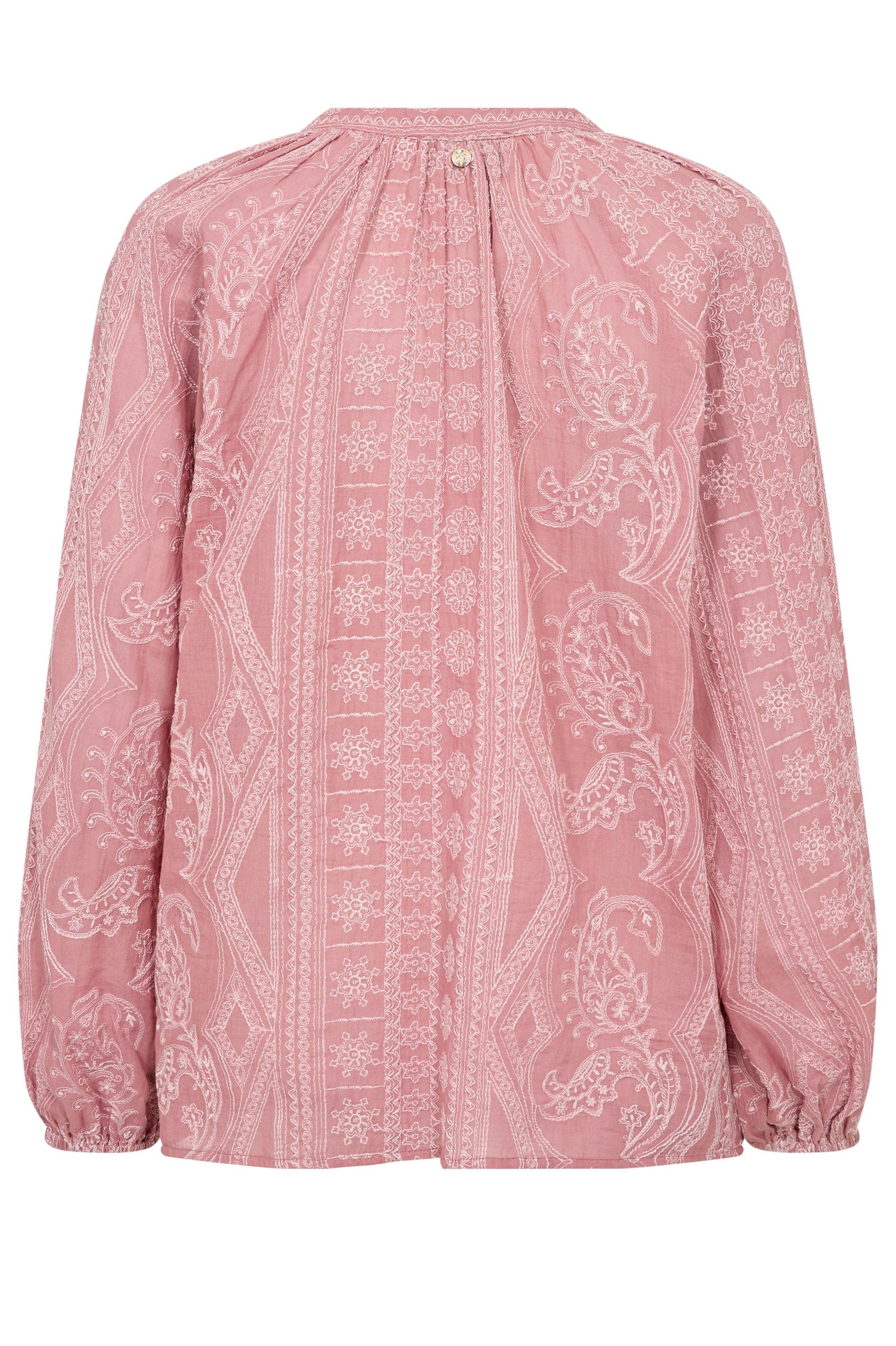 A pink long-sleeve blouse with a white paisley and geometric pattern, featuring a split V-neckline and gathered cuffs, shown against a plain white background.