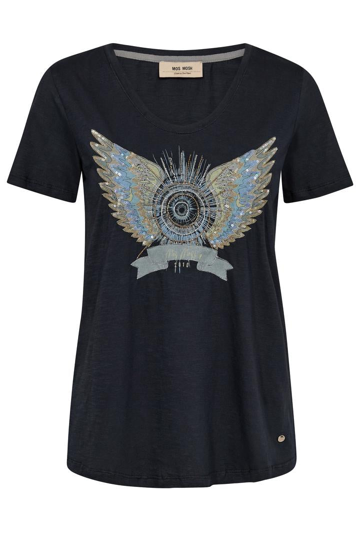 Navy crew neck t-shirt with a decorative angel wing design on a white background
