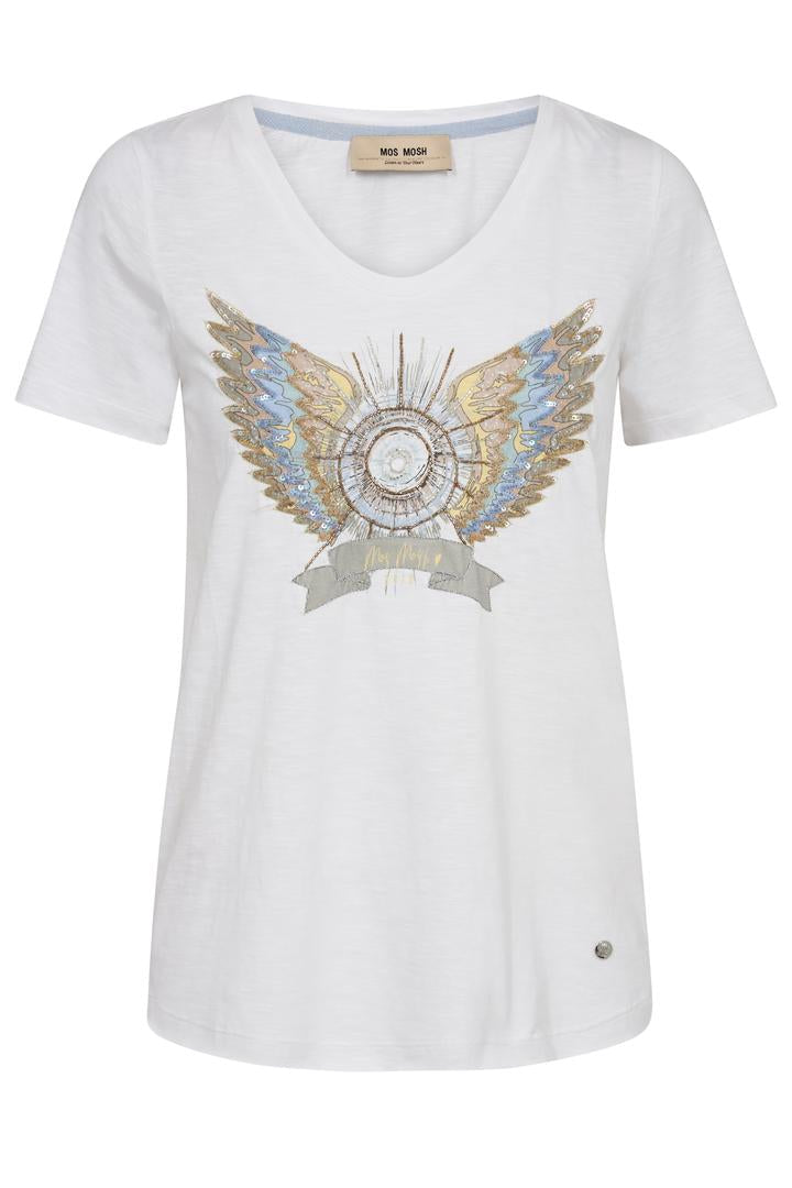White crew neck  t-shirt with gold and blue winged design on a white background.
