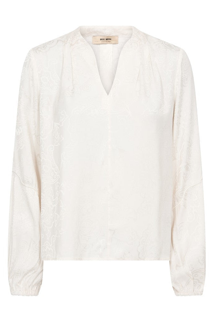 An off-white long-sleeve blouse with delicate floral embroidery, shown from the back against a plain white background.