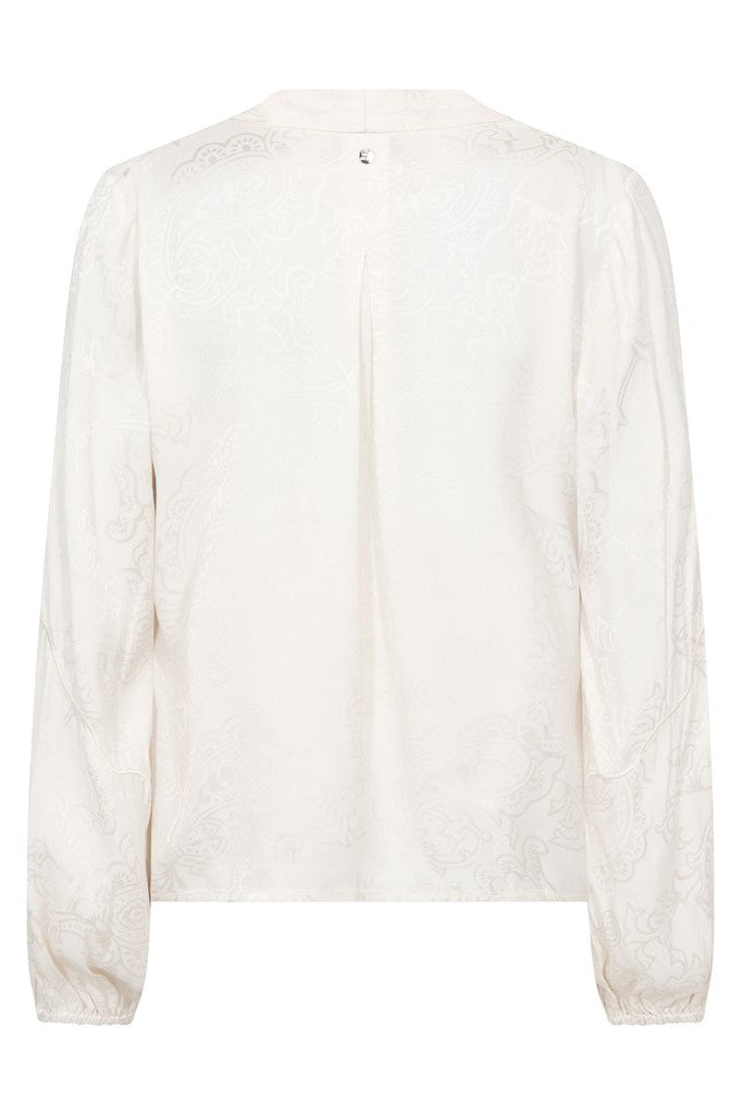 An off-white long-sleeve blouse with delicate floral embroidery, shown from the back against a plain white background.