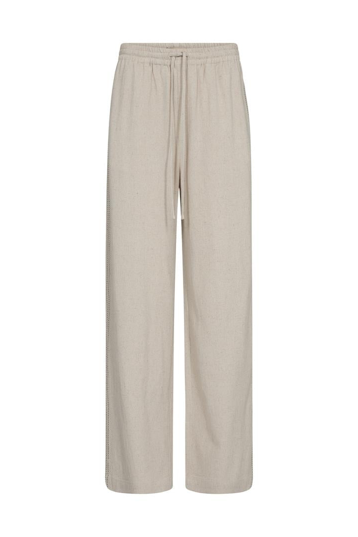 Beige straight leg pants with elastic waist band and draw string on a white background