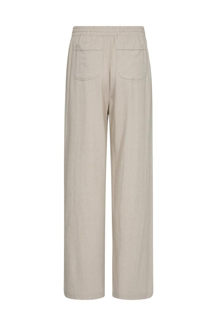 Beige straight leg pants with elastic waist band and draw string on a white background