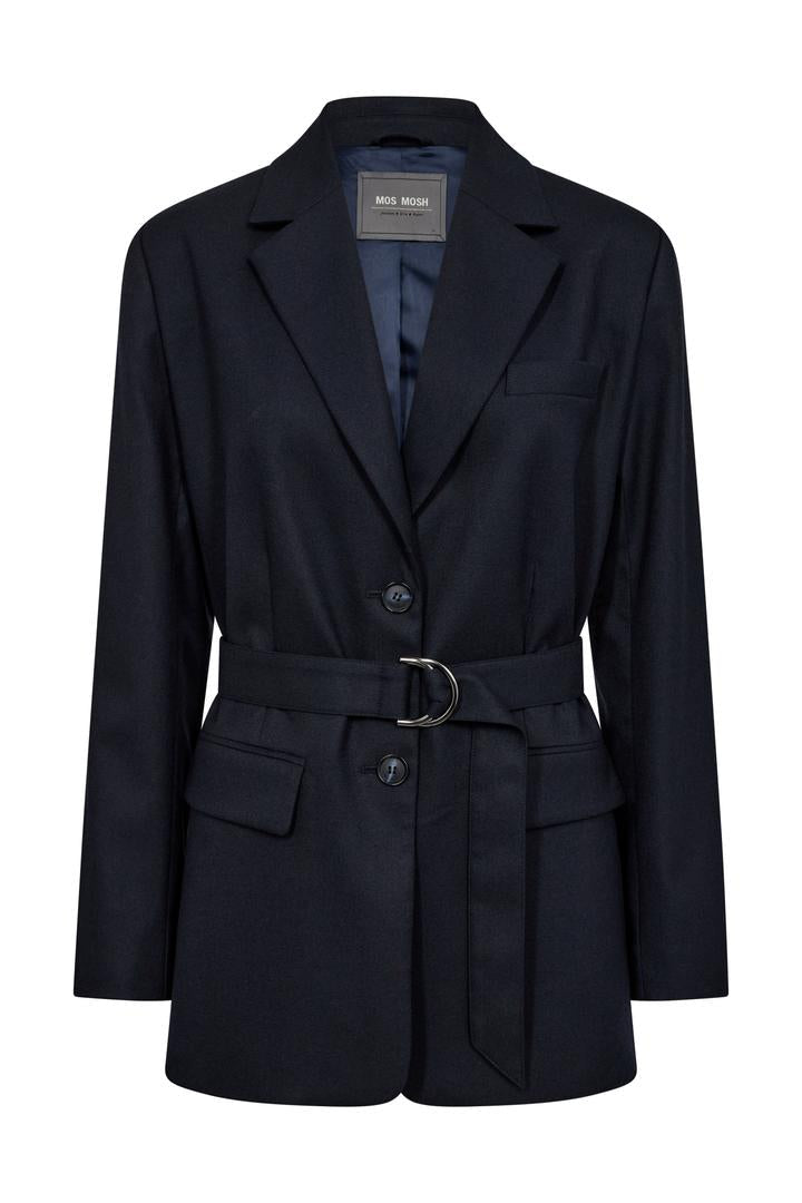 Deep Navy Blazer with double-button closure, flap pockets, and a subtle rounded hem and belt.