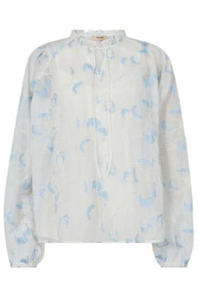 White flowy blouse with voluminous sleeve  with blue abstract patterns on a white background