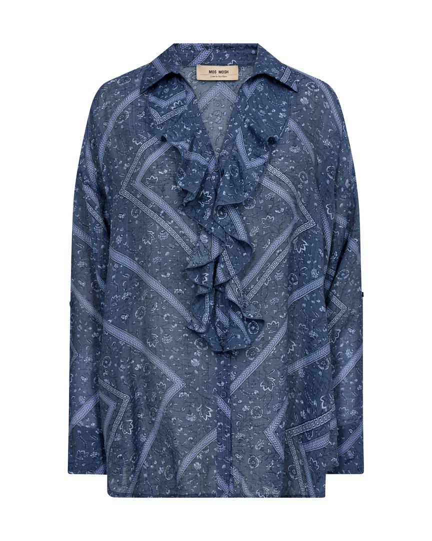 Blue patterned blouse with ruffled details on a white background