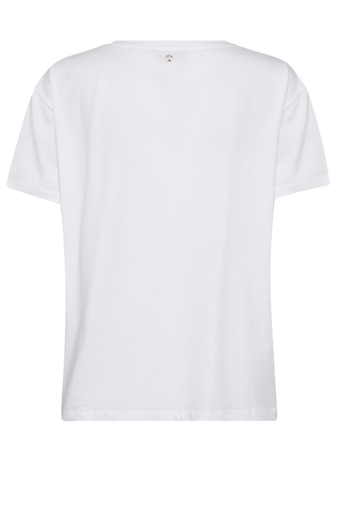Back of white t-shirt with blue and black  Mosh Mosh logo on a white background