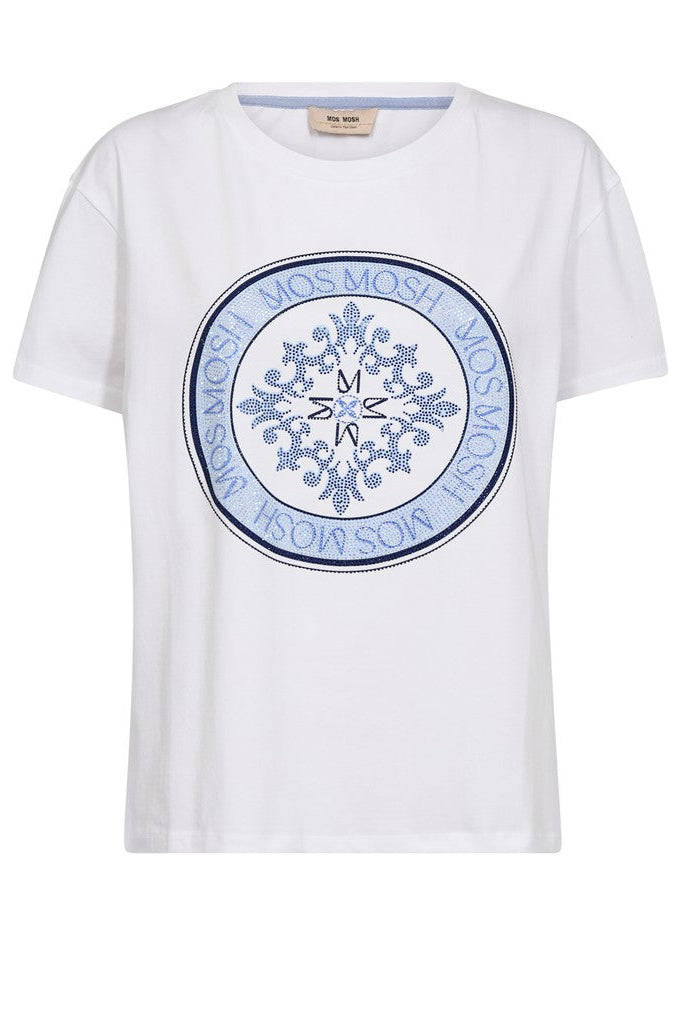 White t-shirt with blue and black  Mosh Mosh logo on a white background