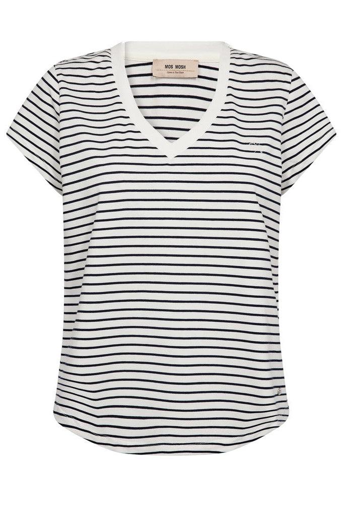 A short-sleeve V-neck striped t-shirt by  featuring deep navy horizontal stripes on a white base, with a small embroidered logo on the left chest.