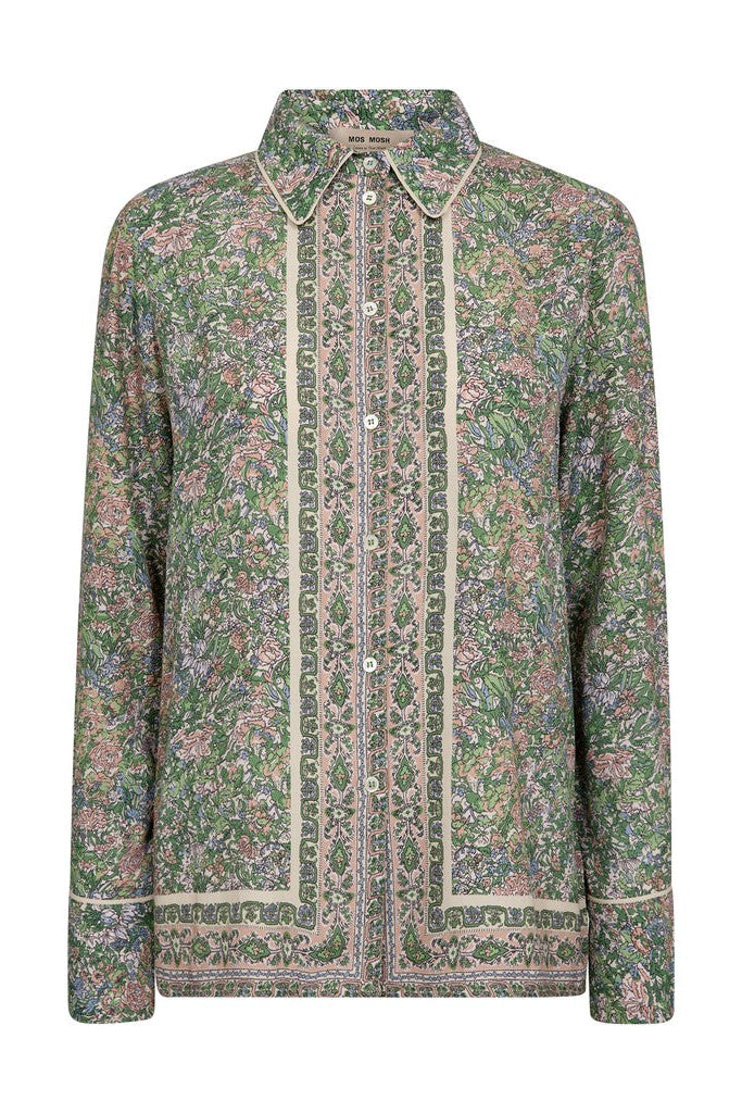 Long Sleeve floral patterned shirt in pink and green tones on a white background