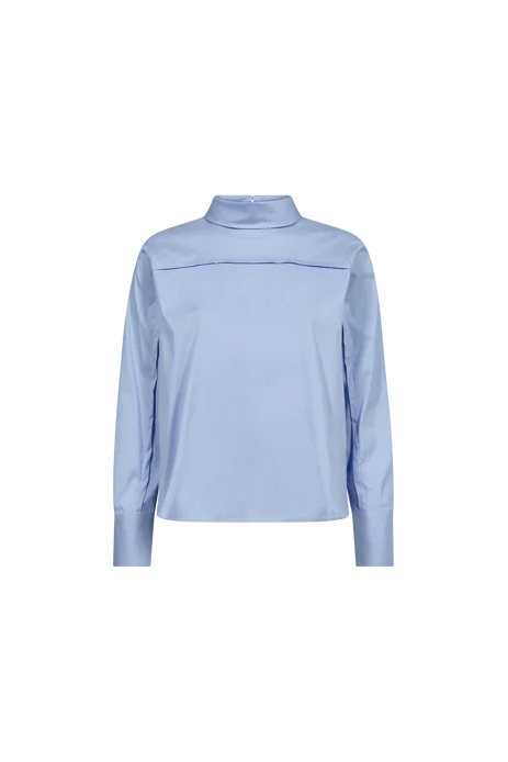 Light blue long-sleeve shirt wit h stand up collar on a white background