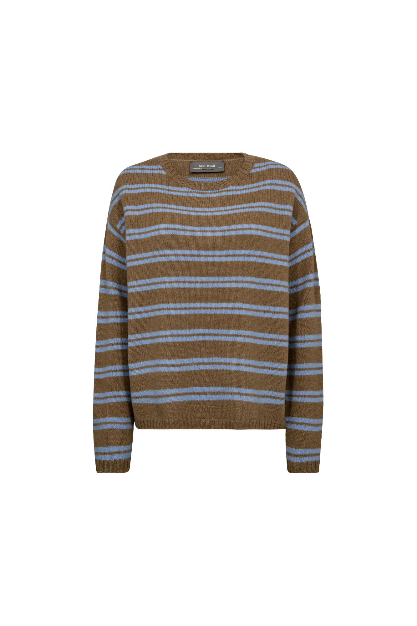Striped sweater with brown and blue pattern on a white background