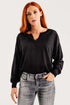 Black long sleeve blouse with open placket and lurex shimmer detail. 