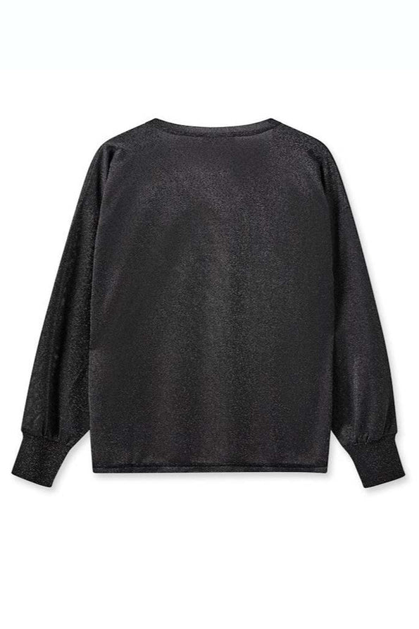 Black long sleeve blouse with open placket and lurex shimmer detail. 