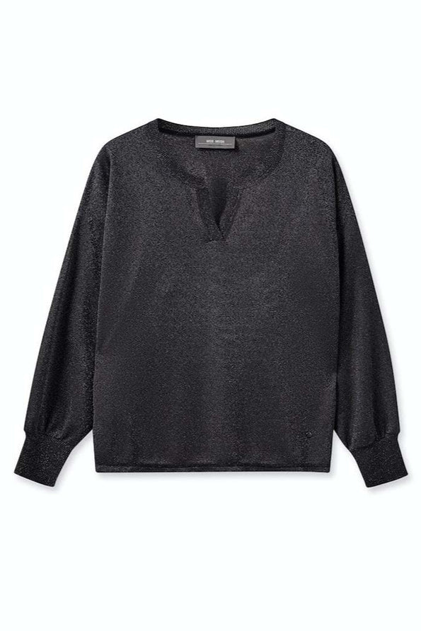 Black long sleeve blouse with open placket and lurex shimmer detail. 