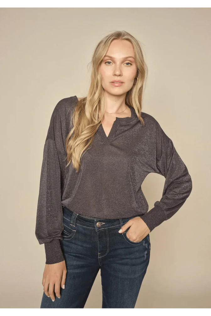 long sleeve open neck top with slight shimmer