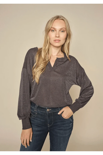 long sleeve open neck top with slight shimmer
