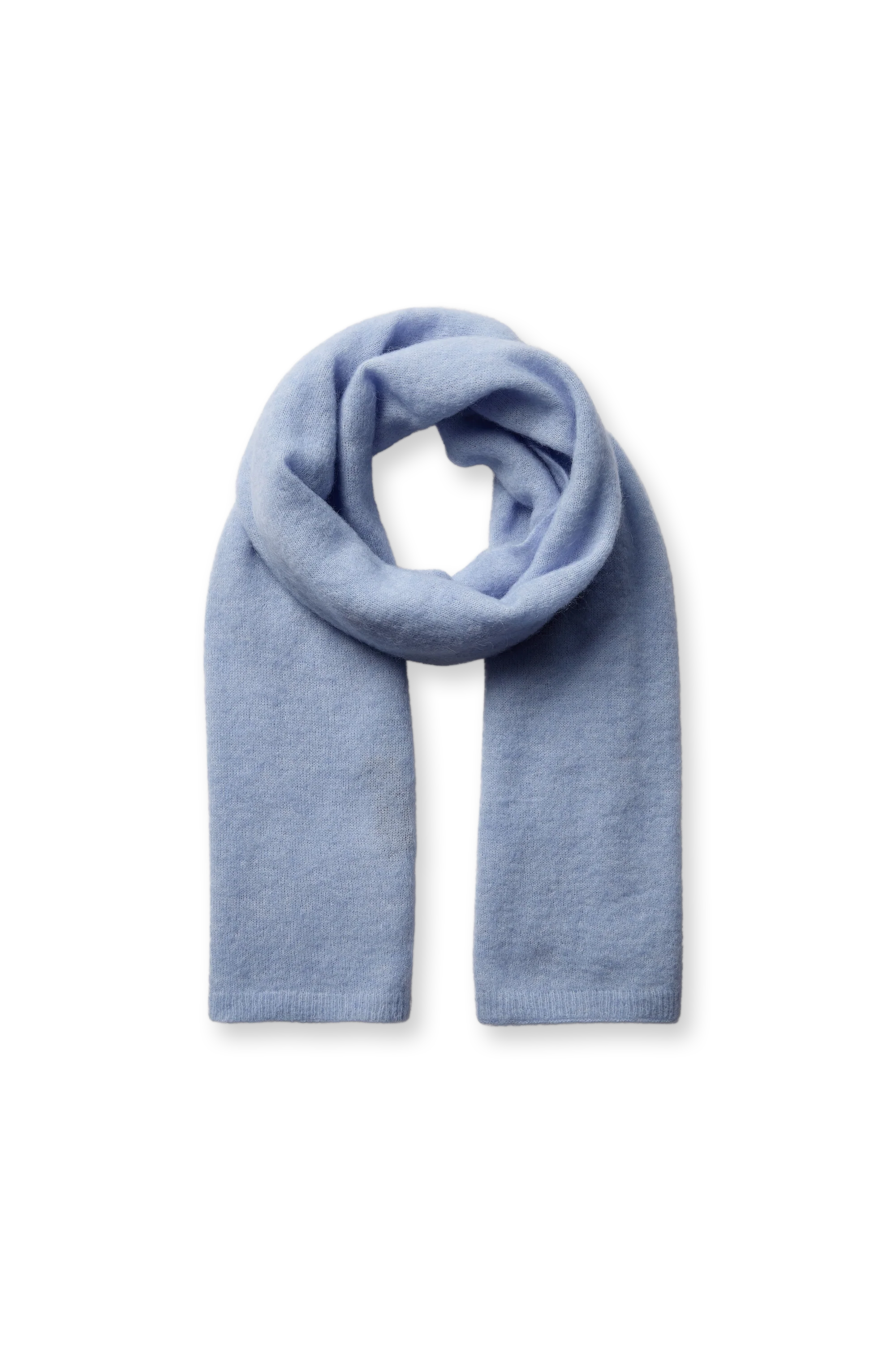 A light blue knit scarf, folded and draped in a loop, shown against a plain white background.