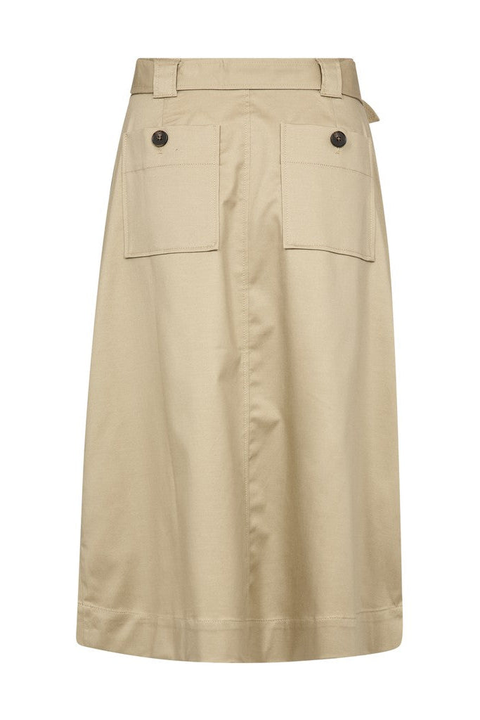 A beige high-waisted midi skirt  shown from the back with a belt, two front flap pockets, shown against a plain white background.