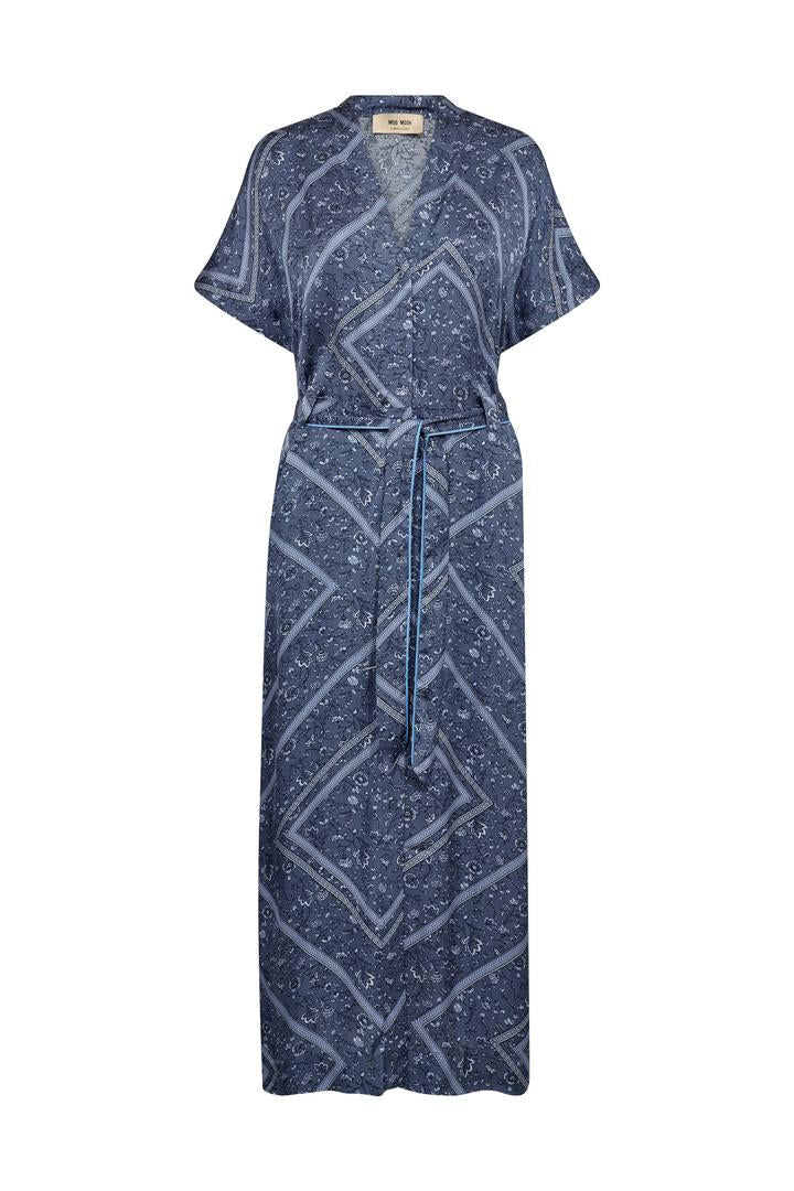 Blue patterned dress with a belt on a white background