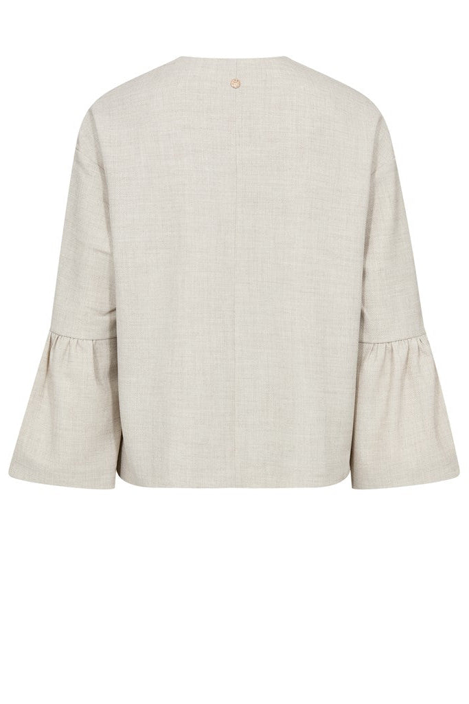 A light beige jacket shown from the back, featuring three-quarter bell sleeves with gathered cuffs and a small button detail at the neckline, set against a plain white background.