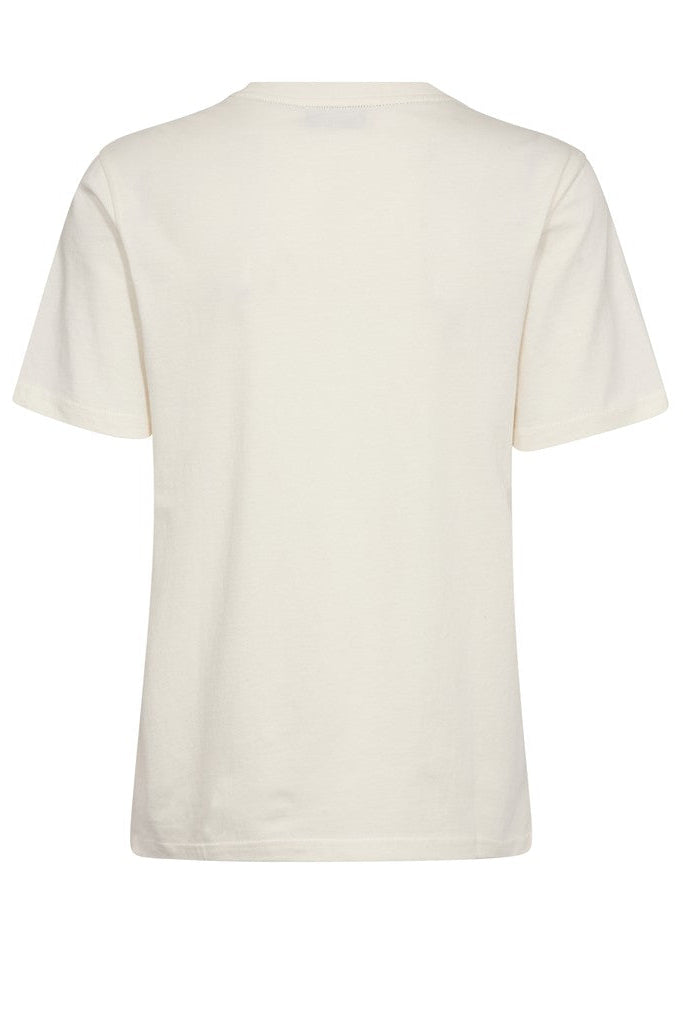 Back of an off-white short-sleeve crewneck t-shirt with tonal embroidered text reading on the front 'imagine &amp; enjoy' displayed against a solid white background.