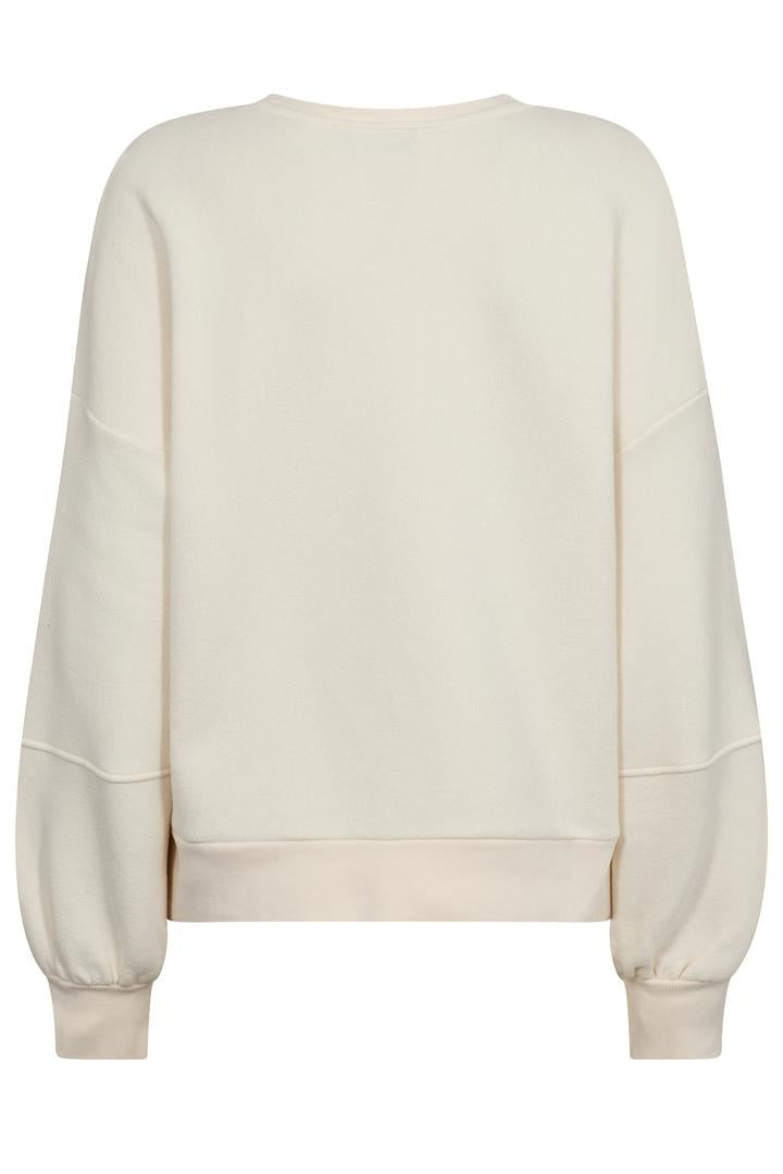 Ecru long sleeve sweatshirt with balloon sleeve and puff writing with words Dream on the chest. 