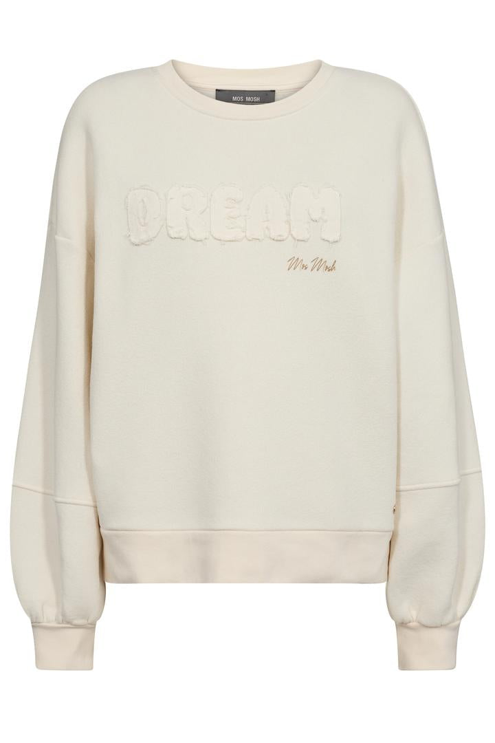 Ecru long sleeve sweatshirt with balloon sleeve and puff writing with words Dream on the chest. 