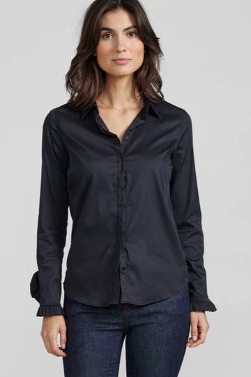 Black long sleeve shirt with frill detail on the cuff. 