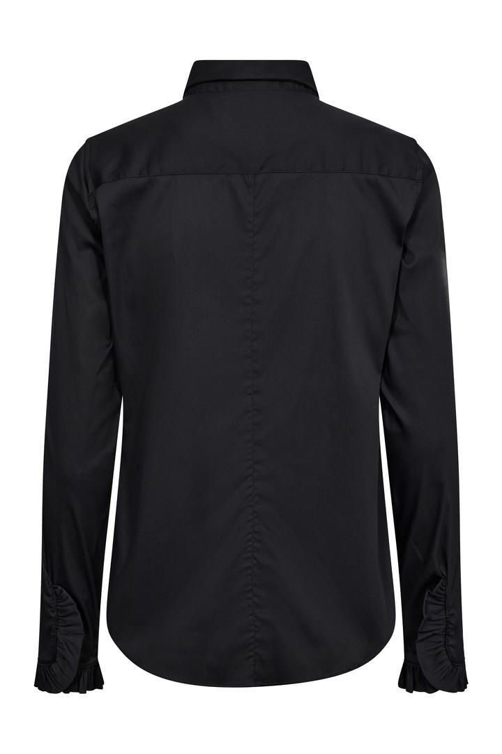 Black long sleeve shirt with frill detail on the cuff. 