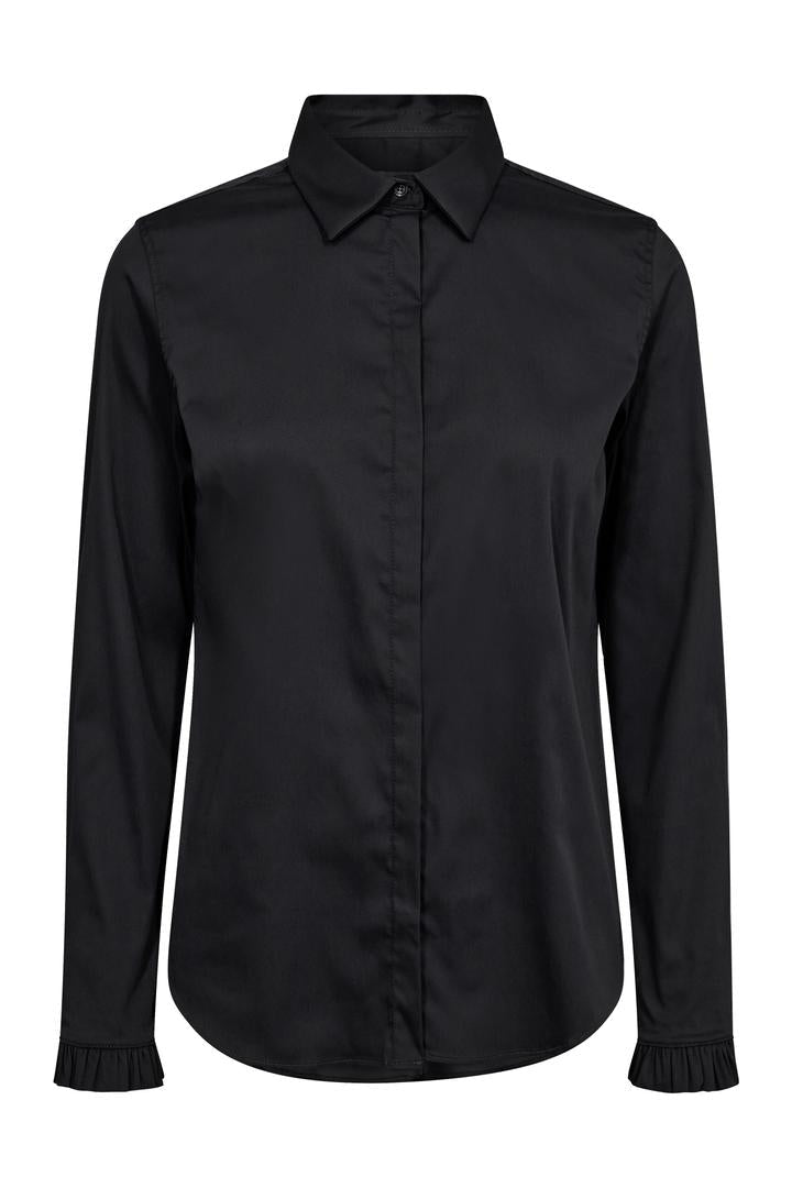 Black long sleeve shirt with frill detail on the cuff. 