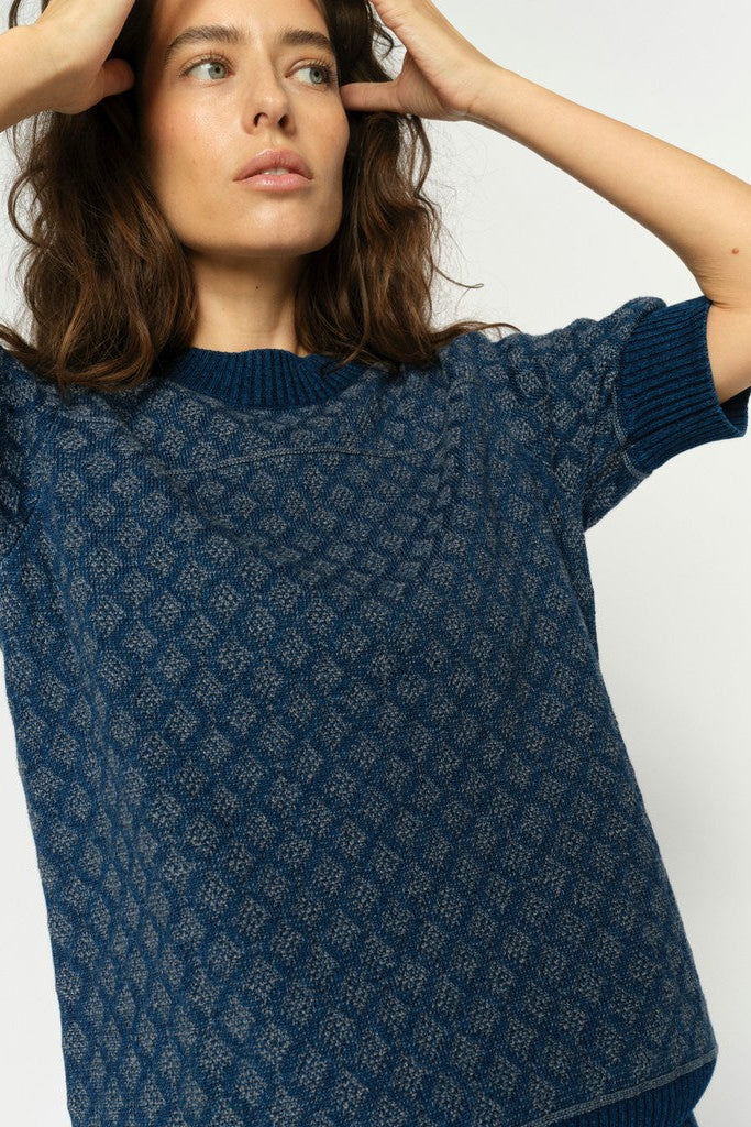 Model wearing a navy blue knit sweater with a textured geometric diamond pattern, featuring a crew neck, short sleeves with ribbed cuffs, and a ribbed hem, shown from the back on a white background.