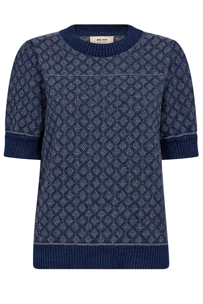 A navy blue knit sweater with a textured geometric diamond pattern, featuring a crew neck, short sleeves with ribbed cuffs, and a ribbed hem, shown from the back on a white background.