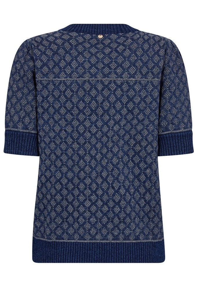 A navy blue knit sweater with a textured geometric diamond pattern, featuring a crew neck, short sleeves with ribbed cuffs, and a ribbed hem, shown from the back on a white background.