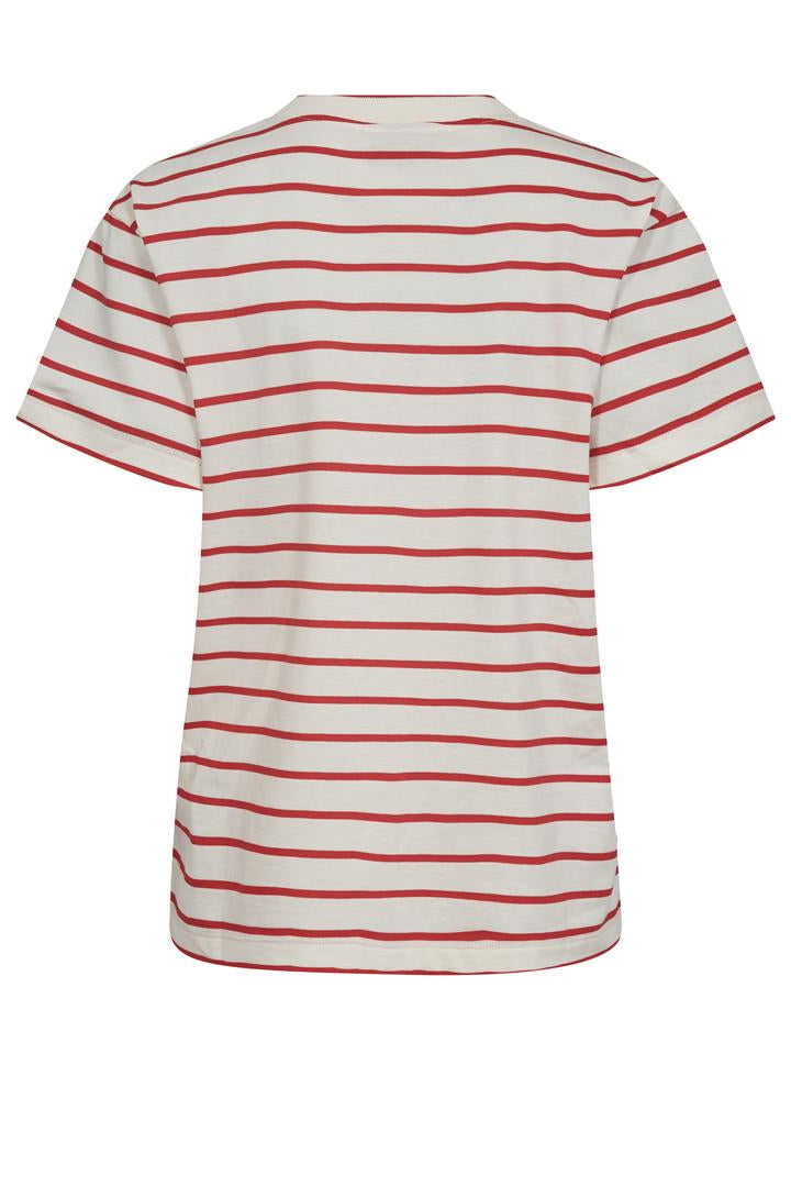 Red and white striped v neck t-shirt on a white background